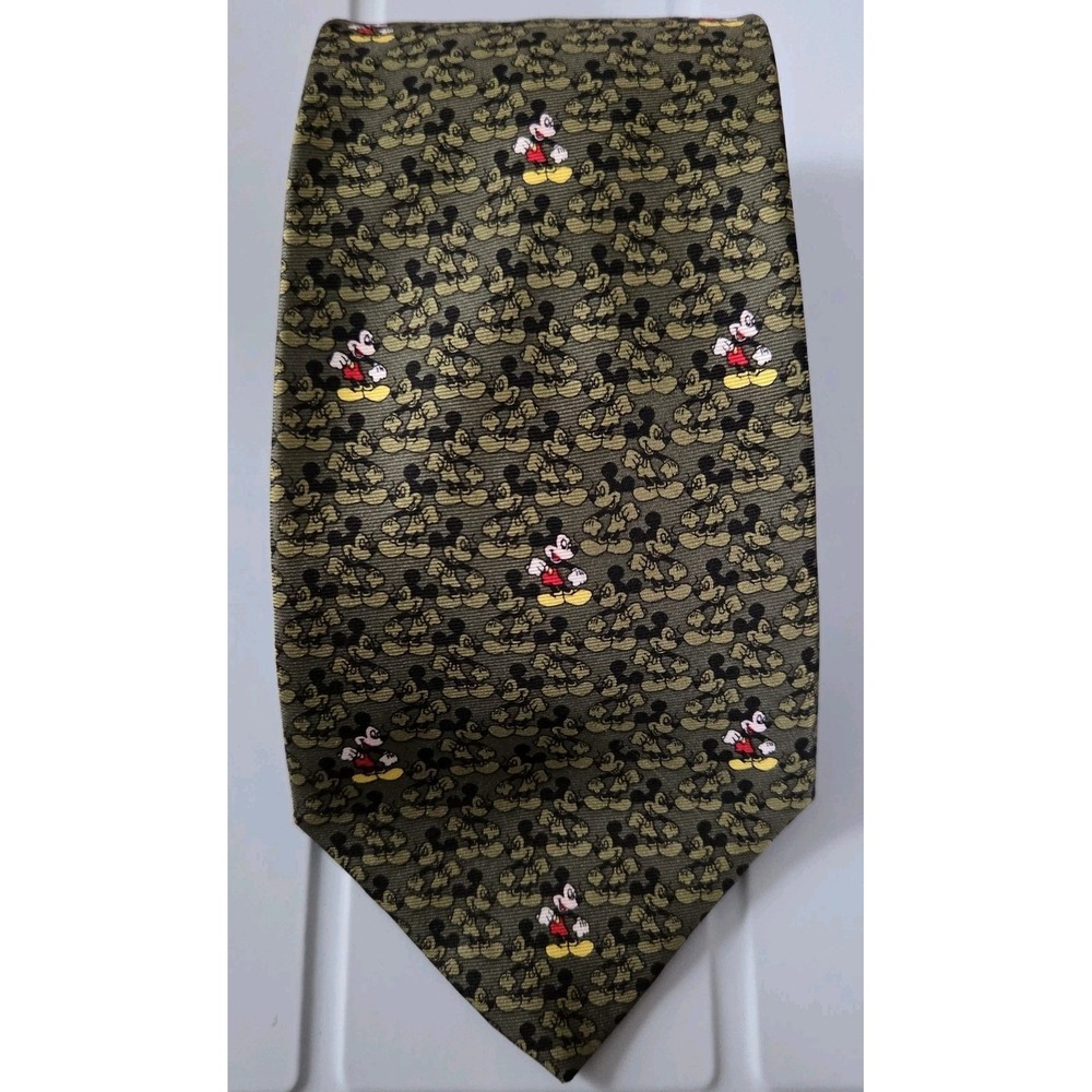 Disneyland Paris Mickey Mouse Necktie 100% Silk Olive‎ Green